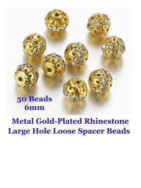 Metal Gold-Plated Rhinestone Large Hole Loose Spacer Bead  6mm  50 Beads